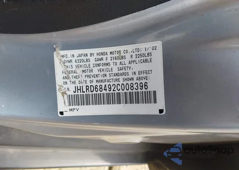 2002 Honda Cr-V Lx from USA, damaged, VIN JHLRD68492C008396